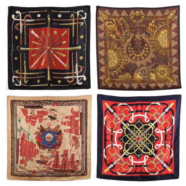 FOUR SILK SCARVES, HERMES Made in