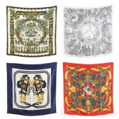 FOUR SILK SCARVES, HERMES Made