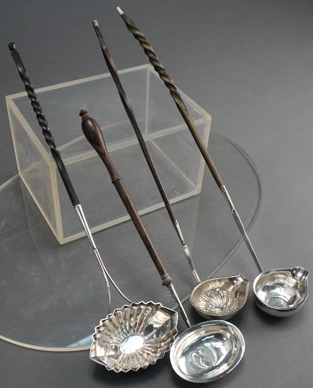 FOUR SILVER AND TREEN HANDLE
