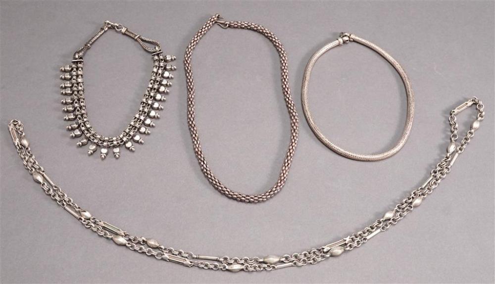 FOUR SILVER NECKLACES, 10.8