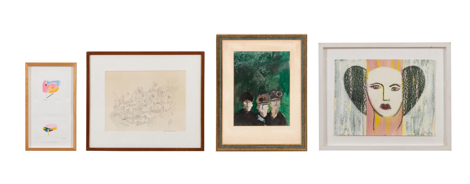FOUR SMALL MODERN FRAMED WORKS ON