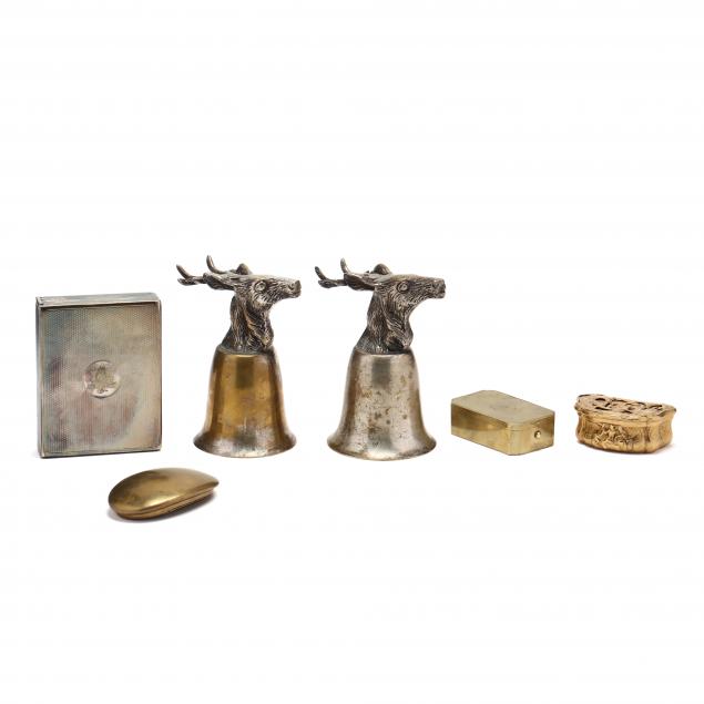 FOUR SNUFF BOXES AND PAIR OF STAG