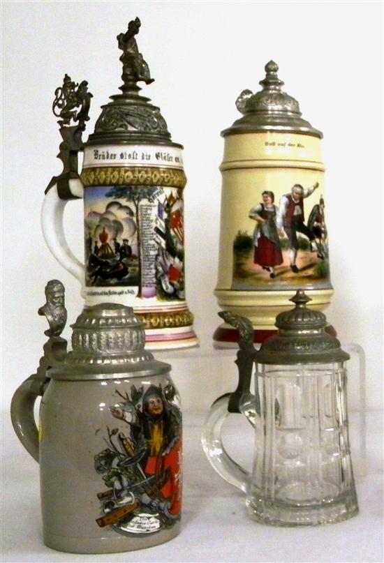 Four steins: one clear glass  two