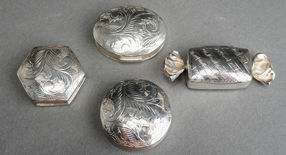 FOUR STERLING SILVER PILL BOXES,