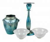 FOUR STEUBEN STYLE GLASS TABLE