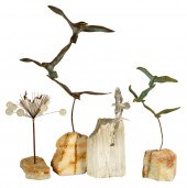 FOUR STONE AND METAL SCULPTURE