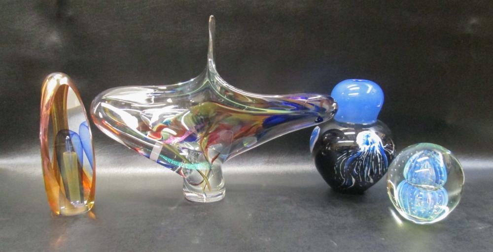 FOUR STUDIO ART GLASS SCULPTURES,