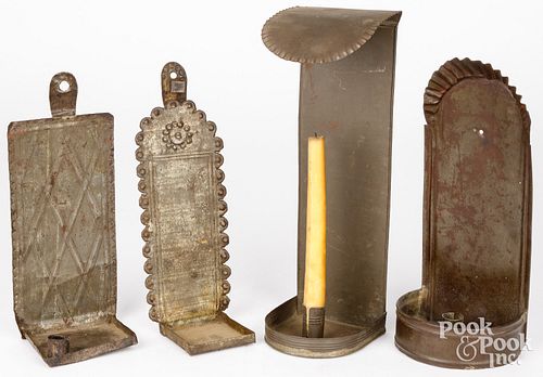 FOUR TIN CANDLE WALL SCONCES,