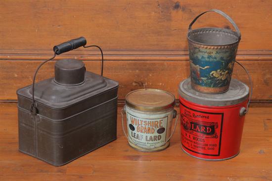 FOUR TINS. Two lard buckets  M.A.