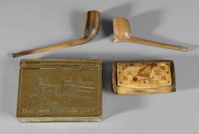 Four tobacco items: one brass box
