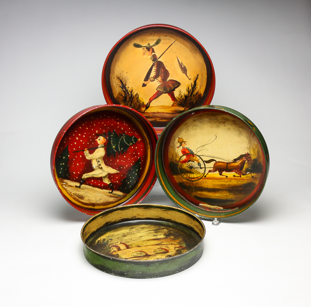 FOUR TOLE TRAYS BY PETER OMPIR. New
