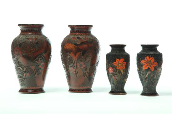 FOUR TREE BARK CLOISONNE VASES. 