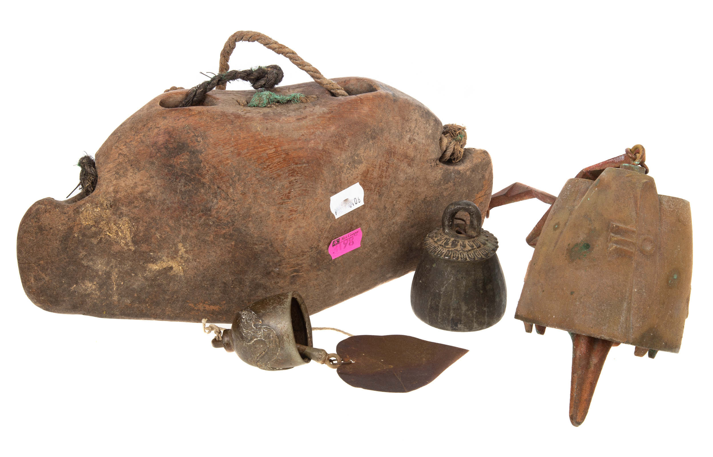 FOUR VINTAGE BELLS One wooden