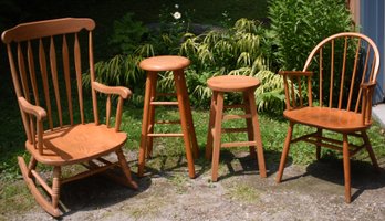 Four vintage chairs and stools,