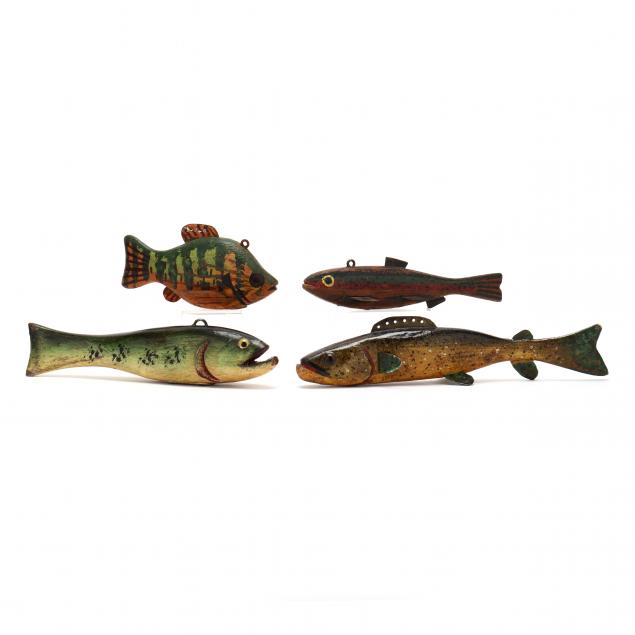 FOUR VINTAGE FISHING DECOYS,