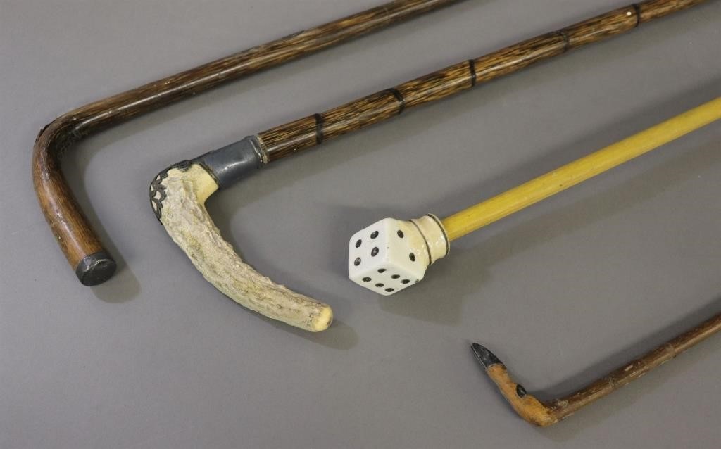 Four walking sticks, including a