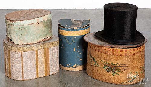 FOUR WALLPAPER HAT BOXES, 19TH