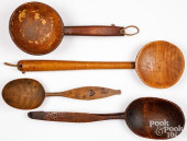 FOUR WOOD LADLES, INCLUDING ON