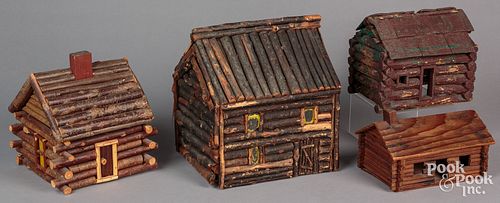 FOUR WOOD LOG CABIN MODELS, LATE