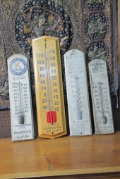 FOUR WOODEN ADVERTISING THERMO