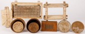 FOUR WOODEN BUTTER PRINTS, ETC