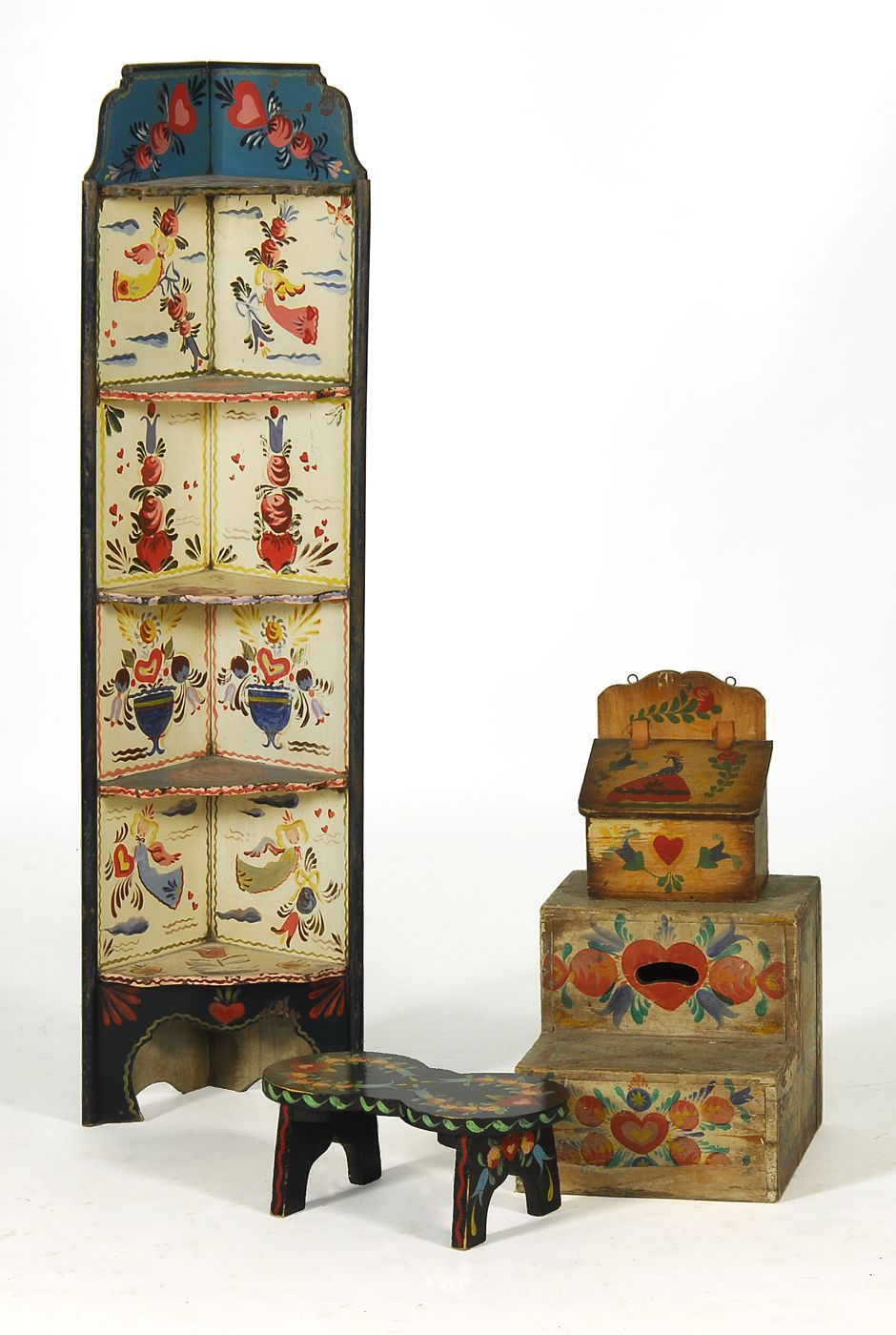 FOUR WOODEN ITEMS DECORATED BY
