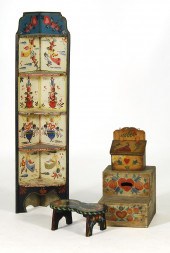 FOUR WOODEN ITEMS DECORATED BY