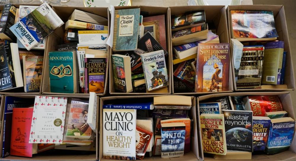 FOURTEEN BOXES WITH PAPERBACK BOOKS