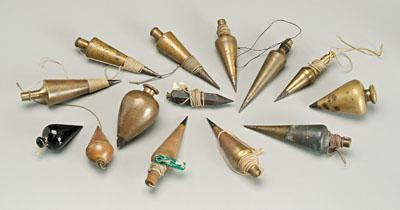 Fourteen plumb bobs: 12 brass: