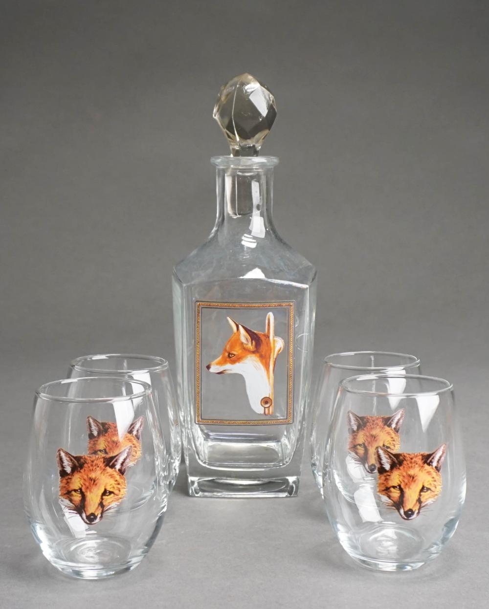 FOX DECORATED GLASS DECANTER AND