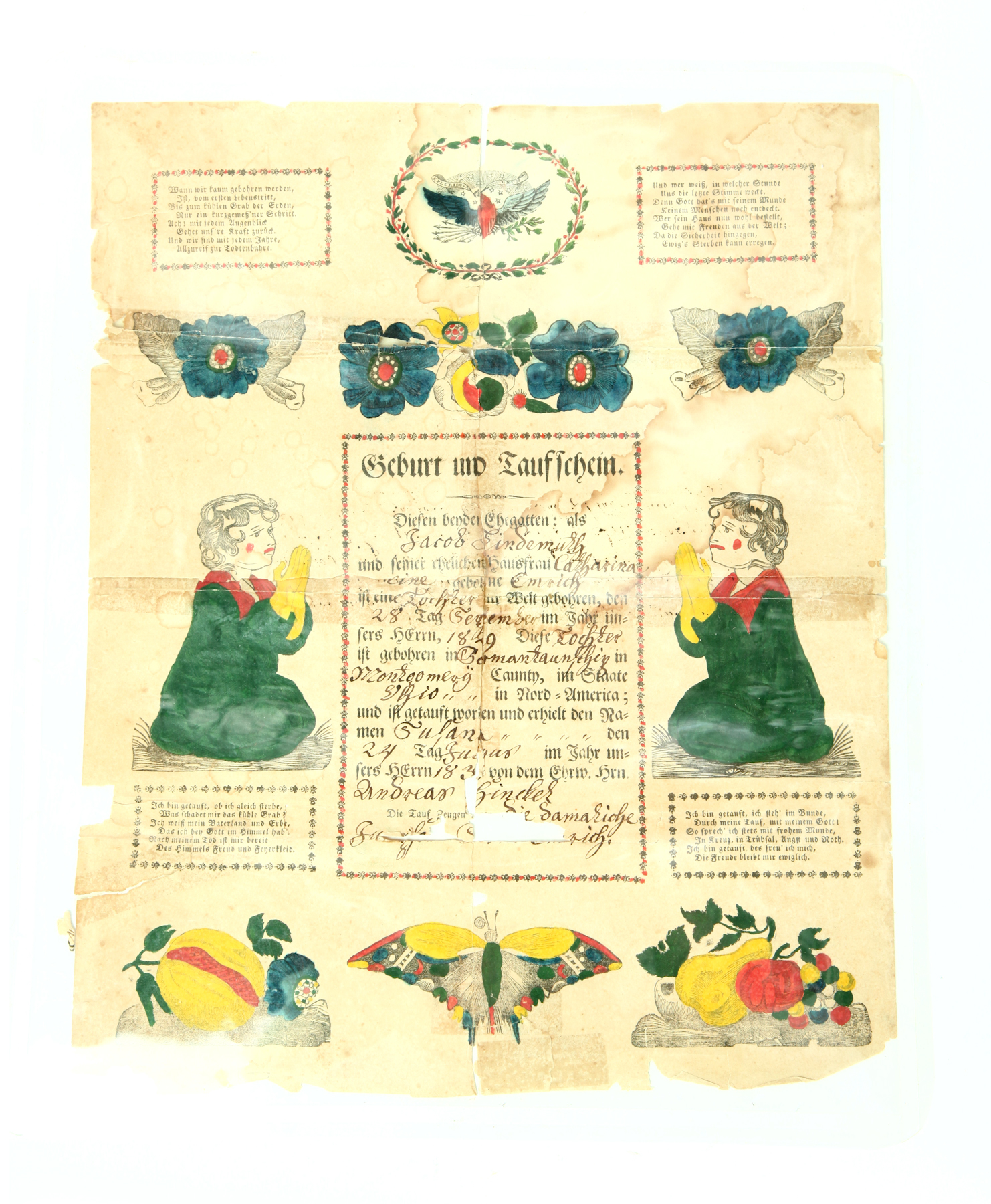 FRAKTUR.  Handcolored printed
