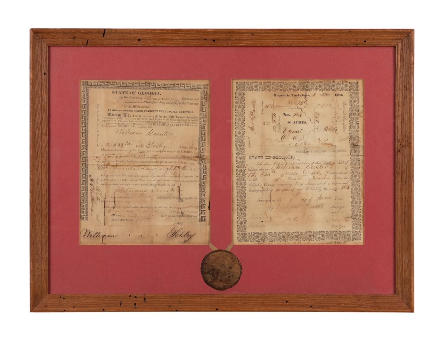 FRAMED 1832 SURVEY & 1836 DEED,