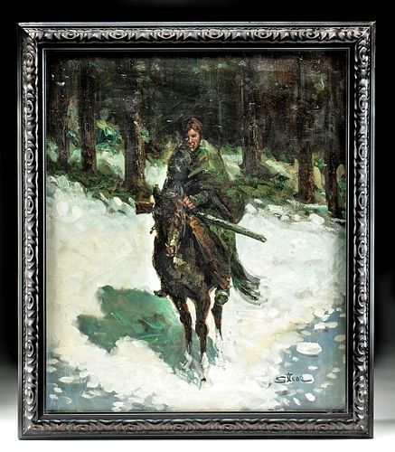 FRAMED 20TH C. PAINTING OF MAN ON
