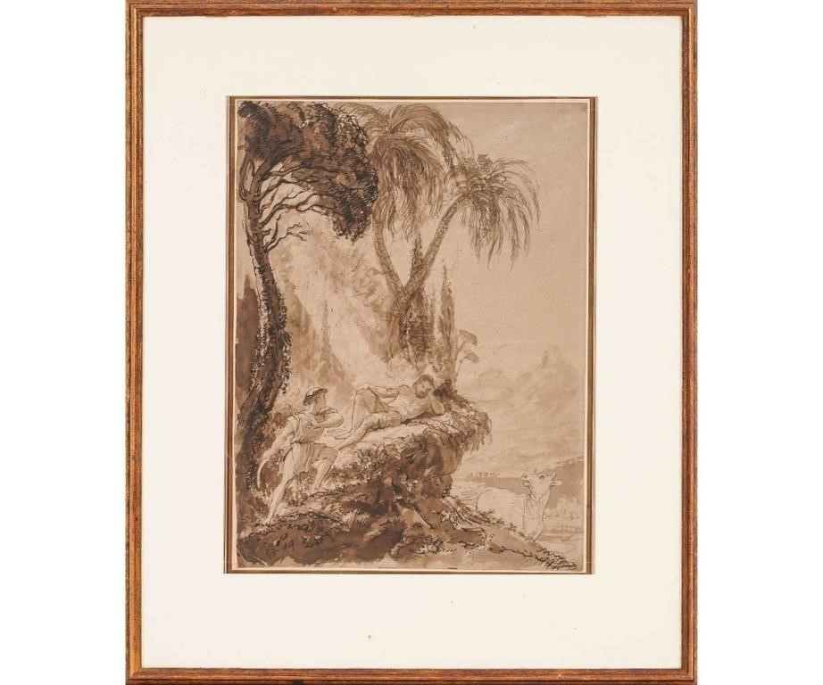 Framed and matted sepia and ink