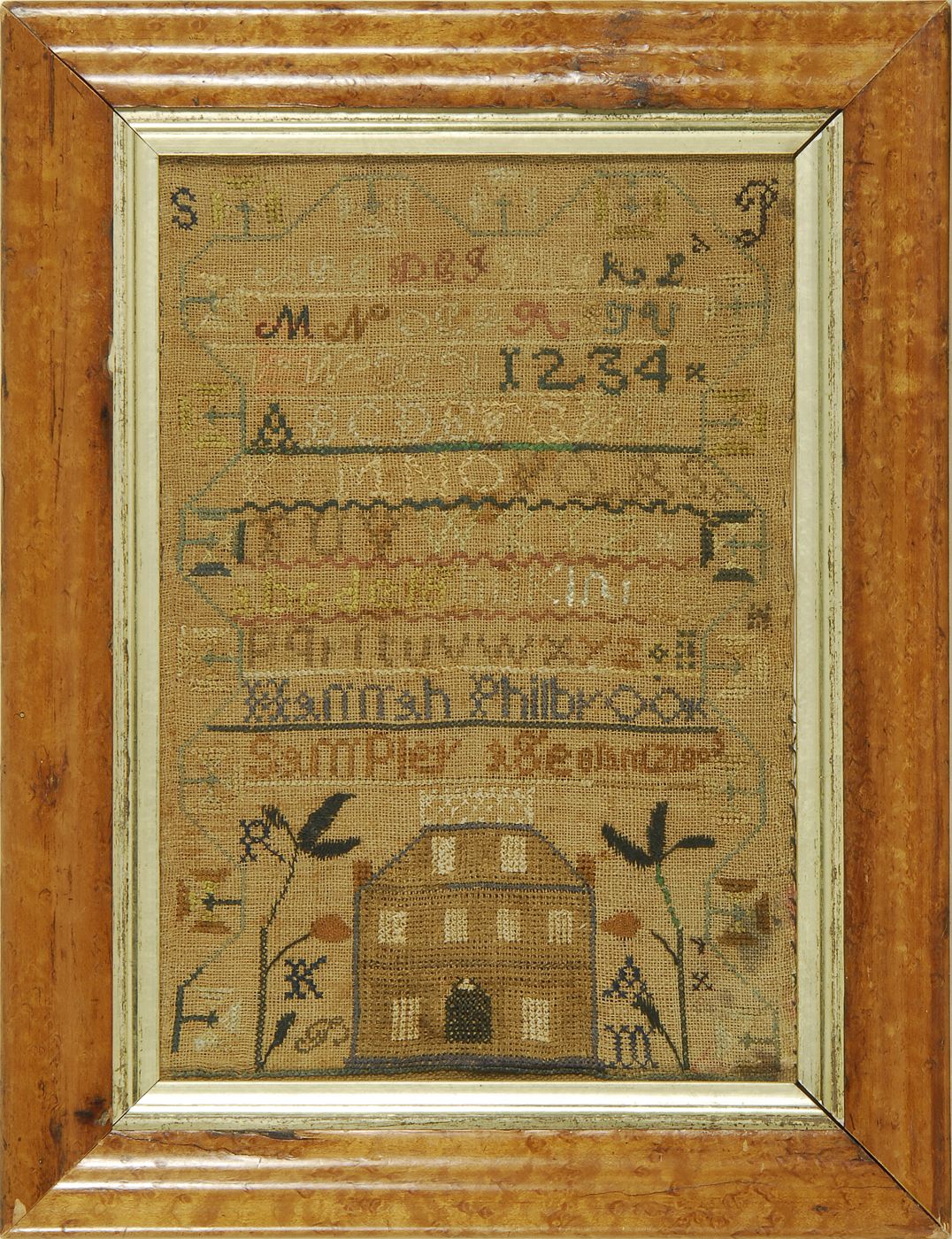 FRAMED ANTIQUE AMERICAN SAMPLER19th