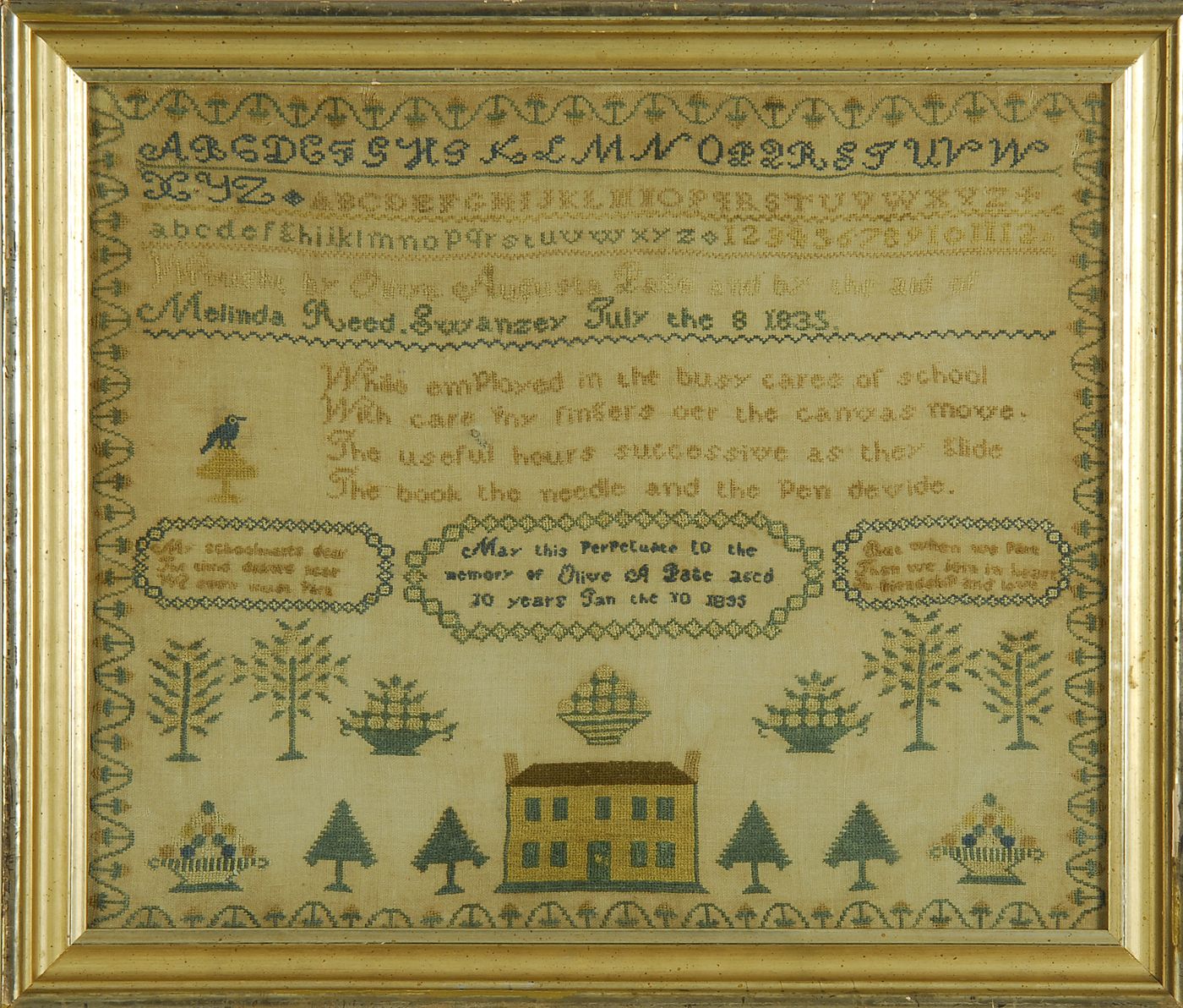 FRAMED ANTIQUE AMERICAN SAMPLER19th