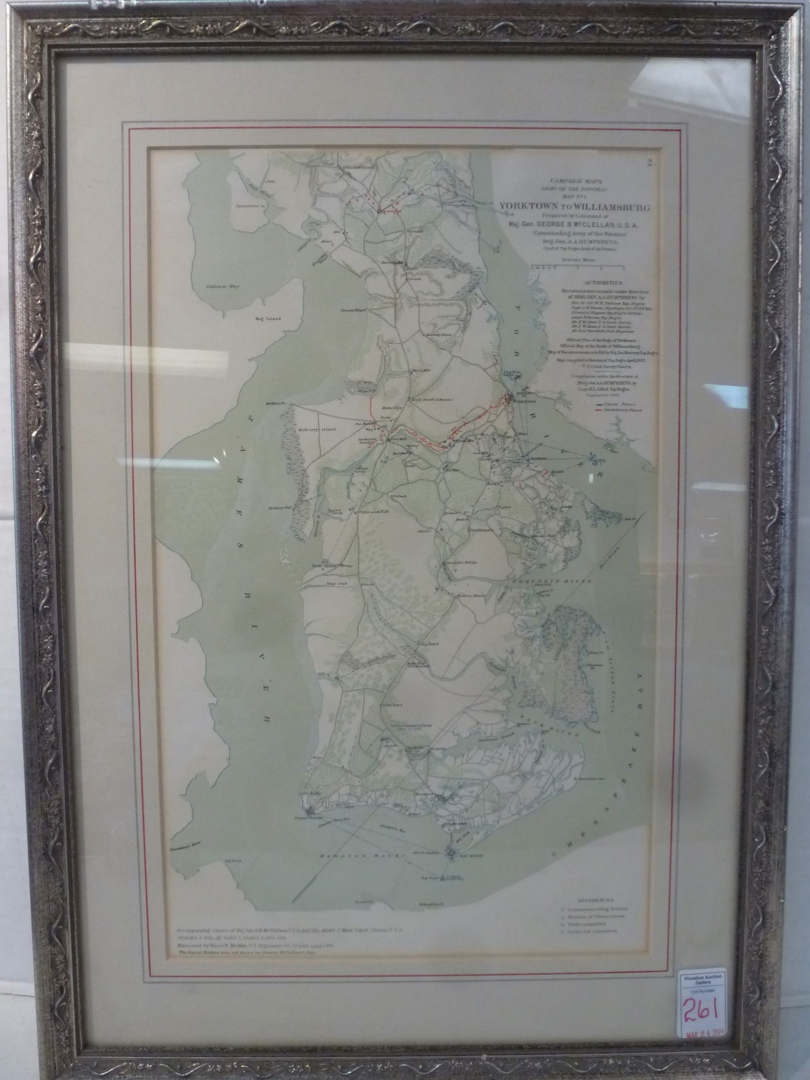 FRAMED CIVIL WAR MAP; YORKTOWN TO