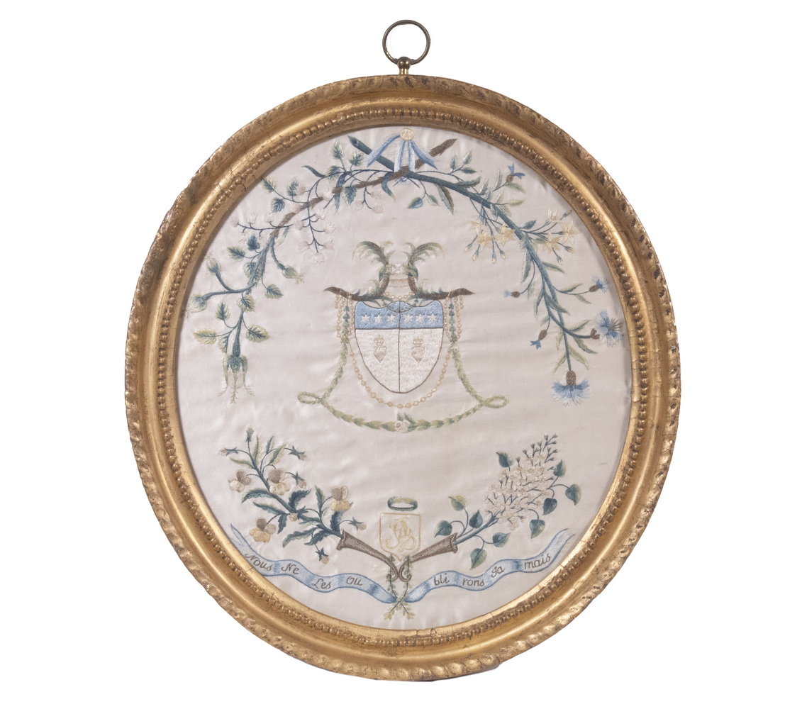 FRAMED CREWELWORK ON SILK Circa