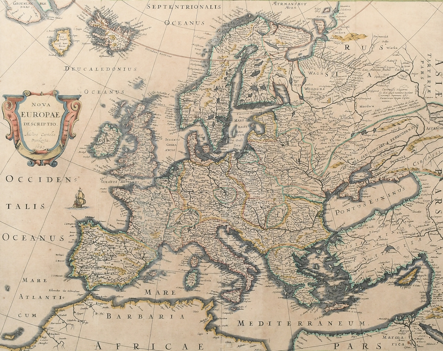 FRAMED EUROPEAN MAP: Hand-colored