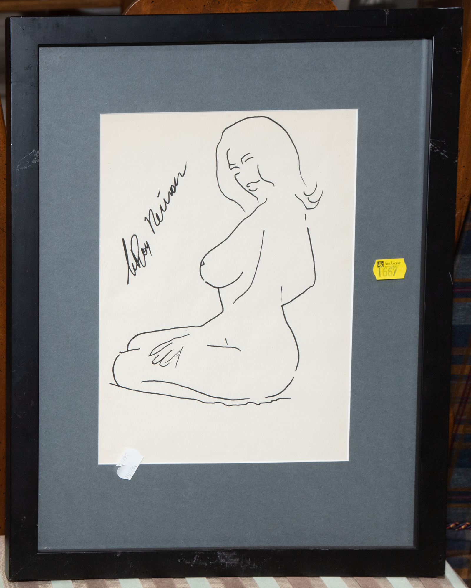 FRAMED IMAGE OF A NUDE WOMAN, PEN