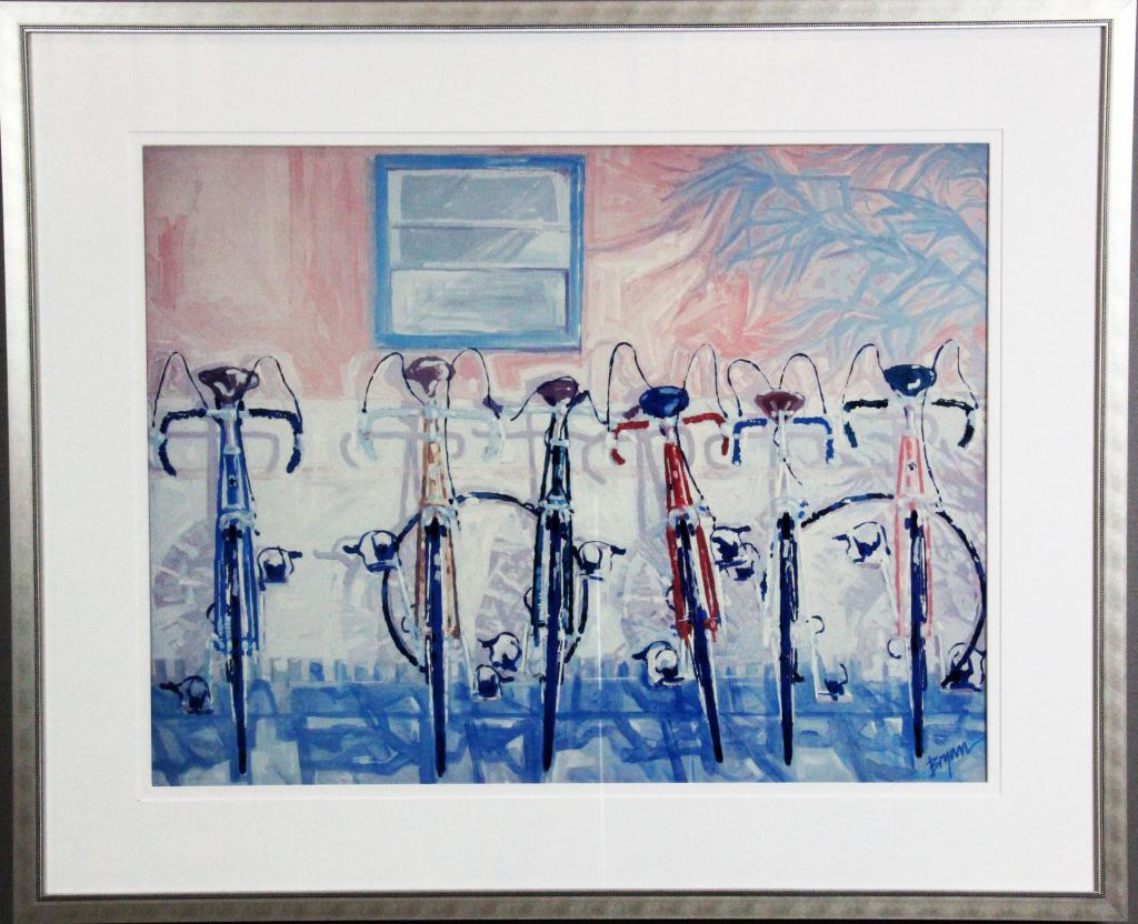 Framed Lithograph of BicyclesNicely