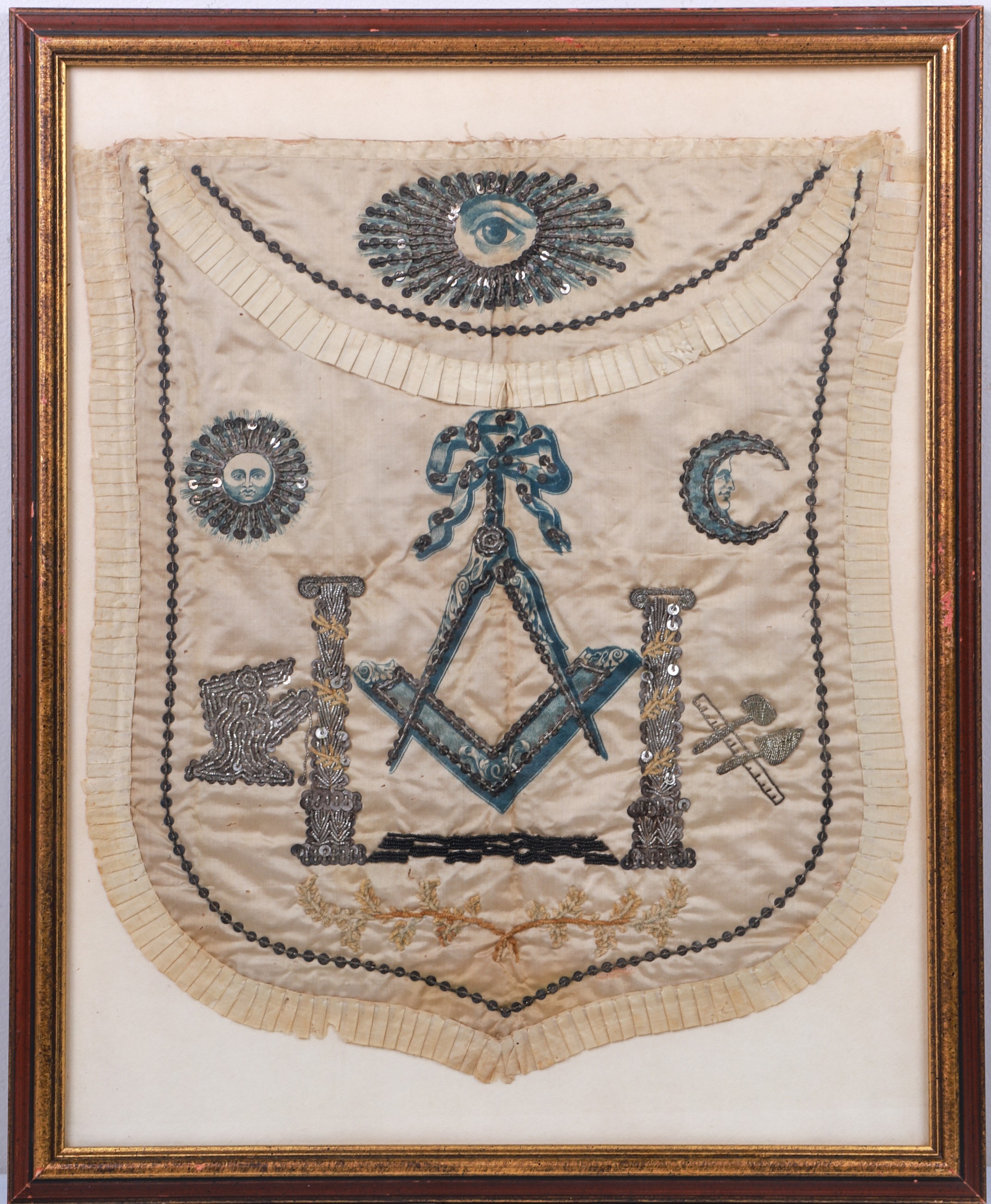 Framed Masonic apron, sequin &