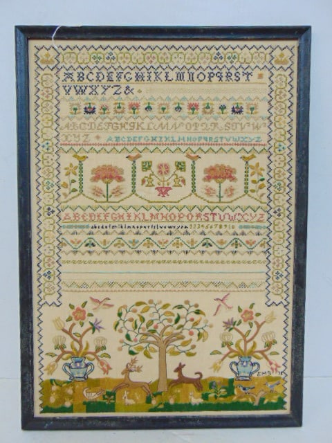 FRAMED NEEDLEPOINT, SIGNED "EMS