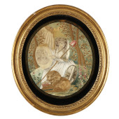 FRAMED NEEDLEWORK OF WOMAN WIT