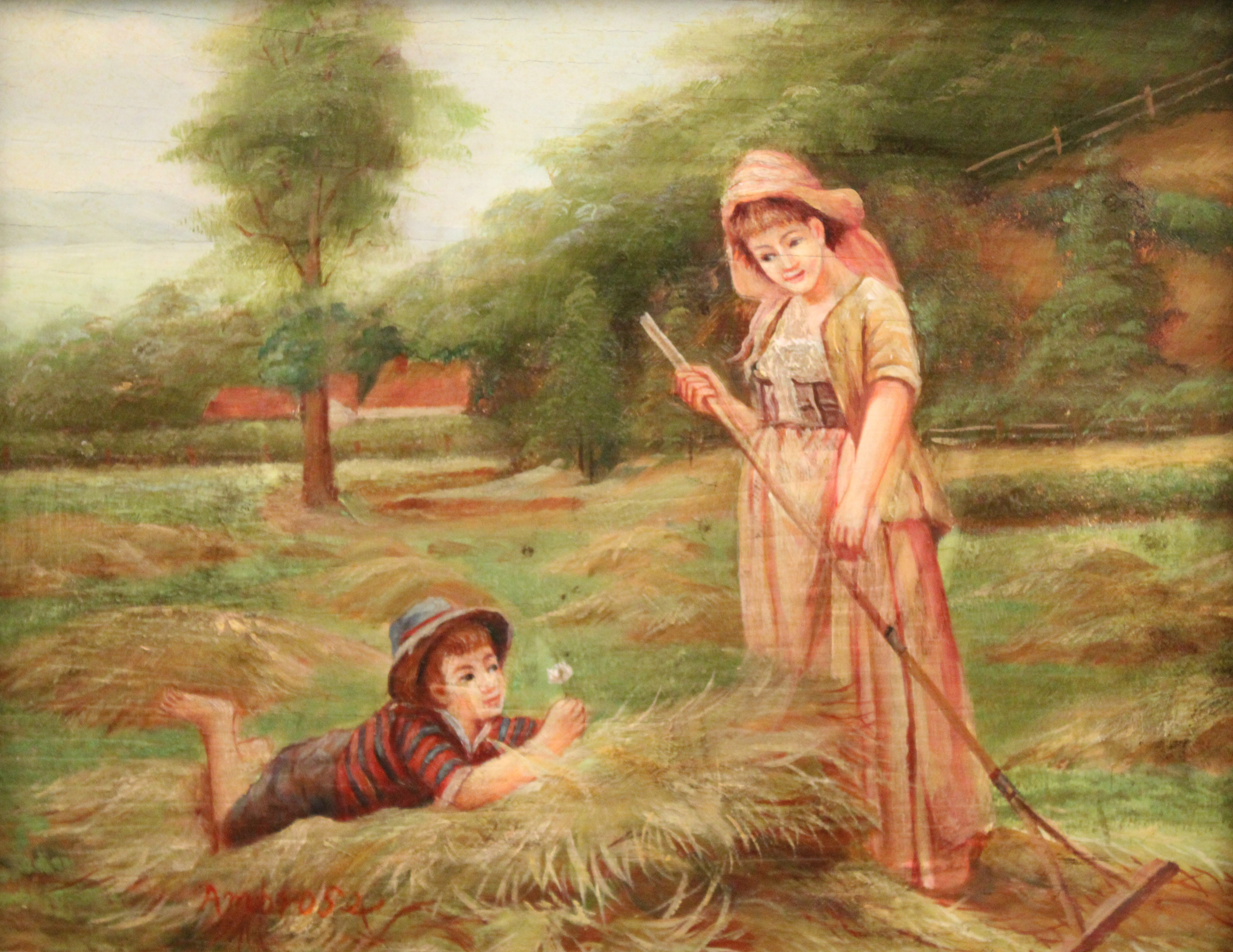 FRAMED OIL ON BOARD PEASANT SCENE