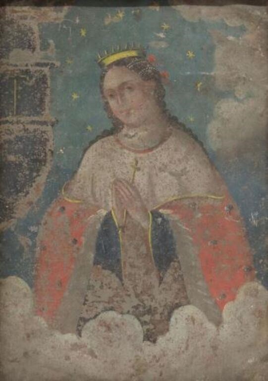 FRAMED OIL ON TIN RETABLO, SANTA