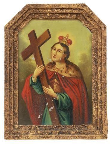 FRAMED OIL ON TIN RETABLO, SAINT