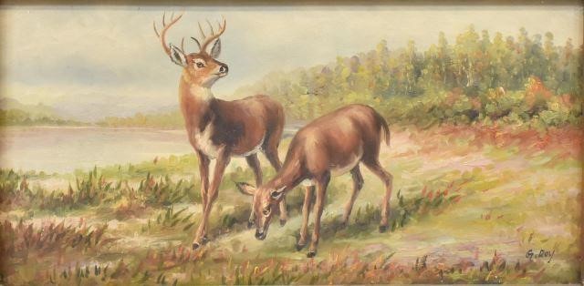 FRAMED OIL PAINTING, BUCK & DOE,