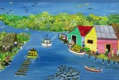 FRAMED PAINTING BOAT DOCKS SIG