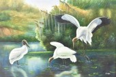 FRAMED PAINTING WOOD STORKS IN